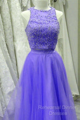 Two Piece Lavender Semi Formal Prom Dresses Lace Crop